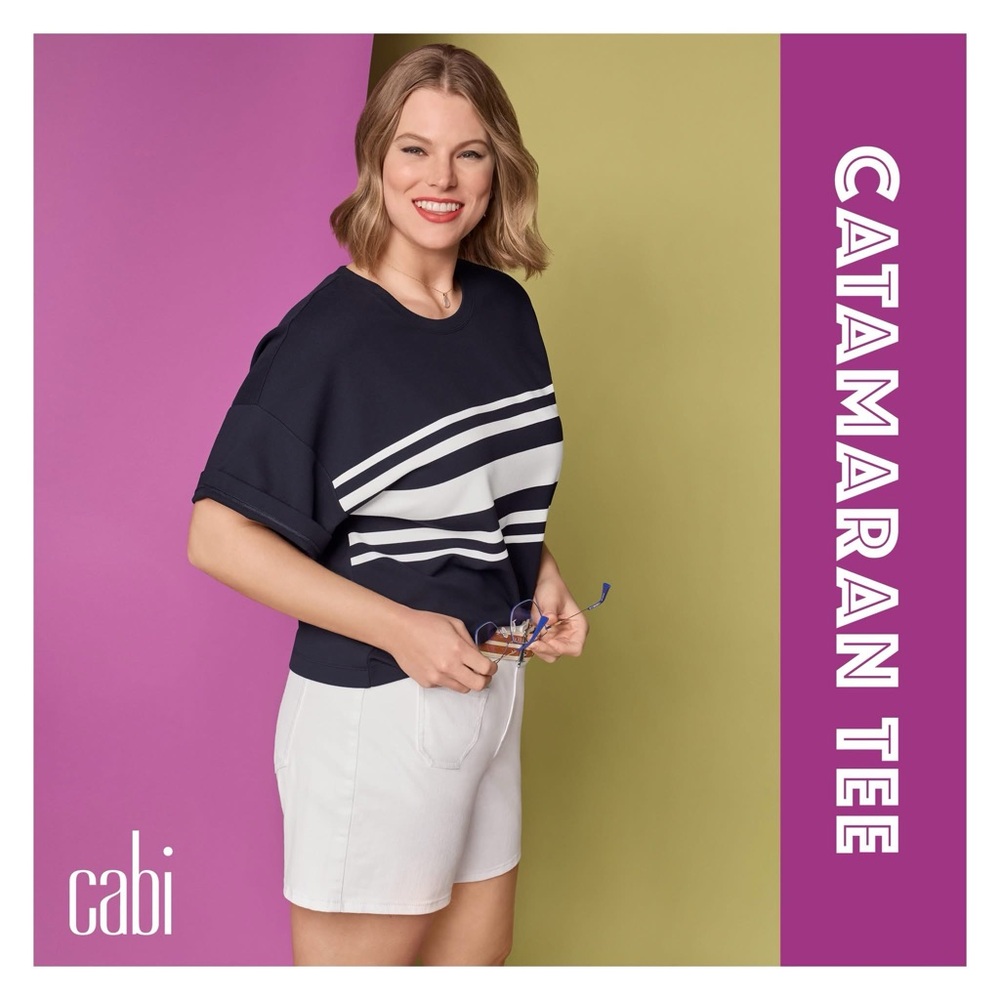Cabi Catamaran Tee 6420 Dark Blue with White Stripe Sz S